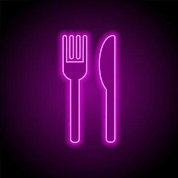 Restaurant, fork knife simple icon. Flat design. Purple neon on black background