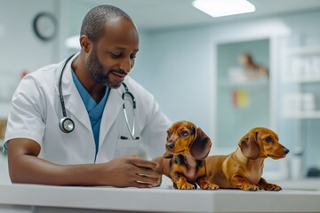 A dedicated veterinarian is passionately caring for adorable Dachshund puppies in a stateoftheart, modern clinic equipped with the latest facilities and technologies for their wellbeing