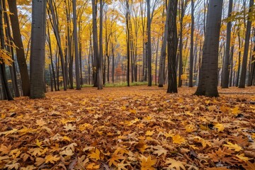 Obraz premium A close-up view of fallen autumn leaves in a variety of colors, including yellow, orange, red, and brown A carpet of leaves blanketing the ground