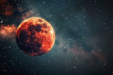 Fototapeta premium A large red moon dominates the center of the image, set against a backdrop of a red sky full of stars A celestial masterpiece featuring a red moon and twinkling stars