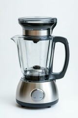 Stainless steel blender on white background.