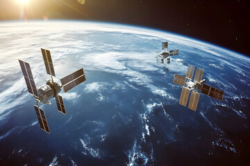 Obraz premium Global Connectivity: Earth with Tech Devices and Planetary Network