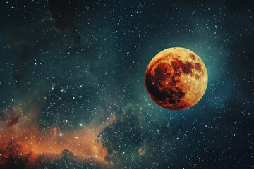 Obraz premium A stunning shot of a blood red moon shining brightly in a dark sky filled with stars and the Milky Way A celestial masterpiece featuring a red moon and twinkling stars