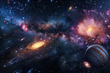 A Celestial Tapestry of Galaxies in the Vastness of Space, A celestial panorama filled with distant galaxies and colorful nebulae