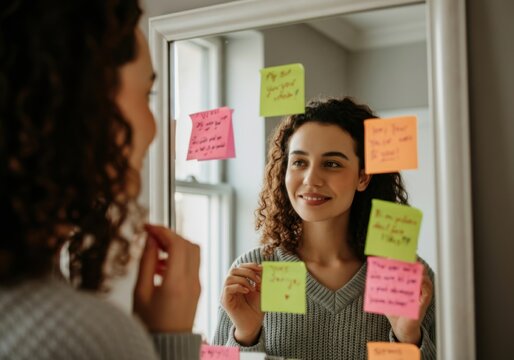 Woman sticking colorful adhesive notes with positive affirmations and goals on a mirror, visualizing future achievements