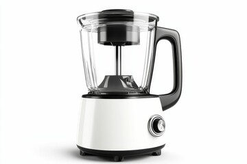 White blender with glass jar and black handle.