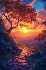 Fototapeta premium A painting of a path leading to a tree in the middle of a forest