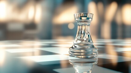 A glass chess rook on a checkerboard