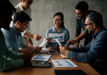 Business team discussing financial charts and graphs using electronic devices during a productive meeting
