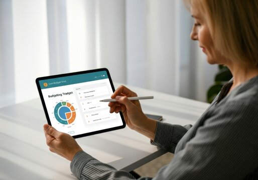 Businesswoman analyzing financial charts and data on digital tablet, using budgeting app for business planning and financial management