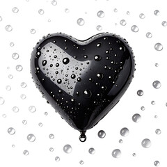 Black heart-shaped balloon with water droplets, glossy and reflective, on a dark background.