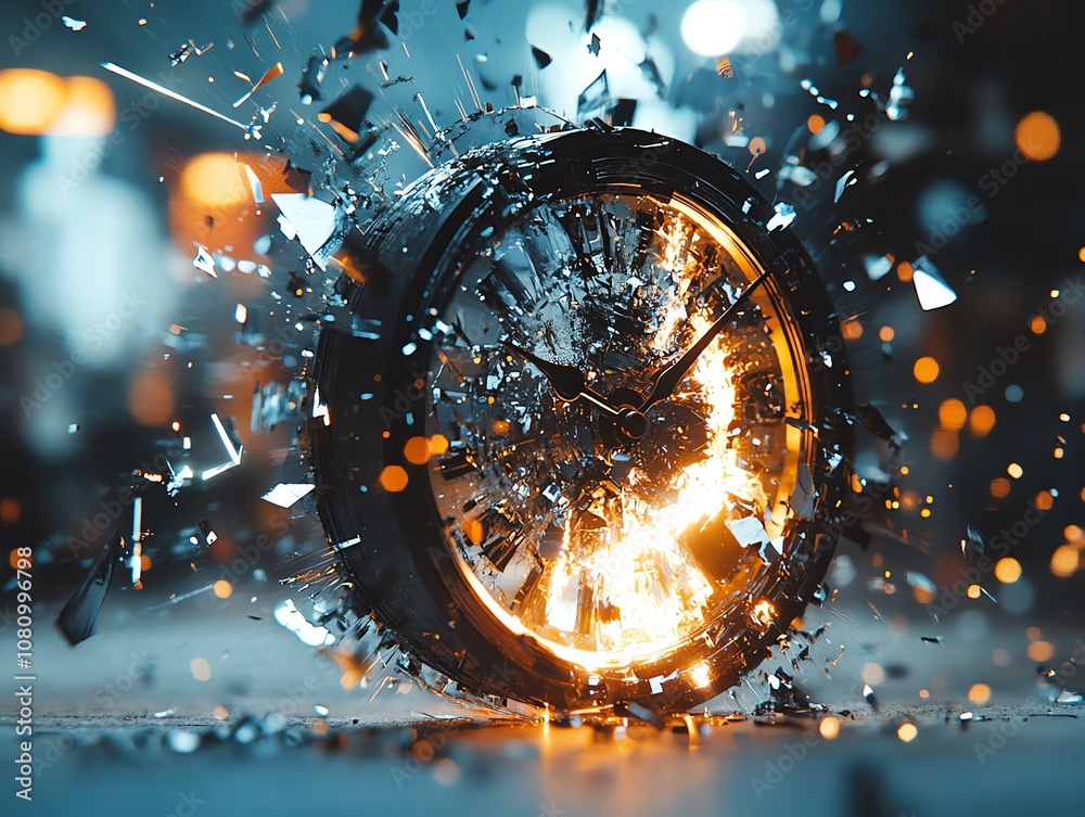 Poster A clock explodes into pieces, with the center of the clock in flames. The shattered clock pieces fly through the air, creating a sense of chaos and urgency.