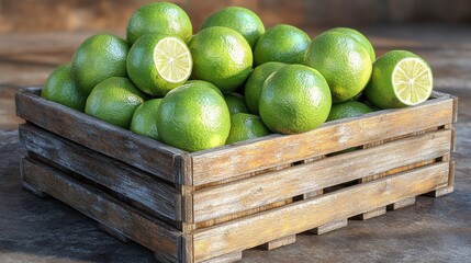 A Wooden Crate Filled with Fresh, Vibrant Limes: Perfect for Juices, Cocktails, and Cooking