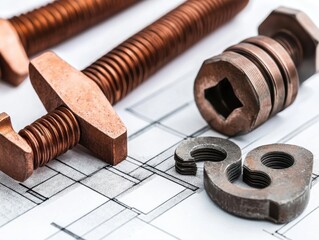 A collection of industrial hardware on architectural plans, emphasizing craftsmanship and the technical process of construction