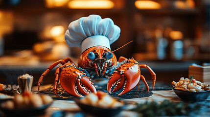 A lobster wearing a chef hat prepares exquisite gourmet delights in a kitchen.