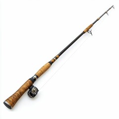 Fishing rod with reel on white background.