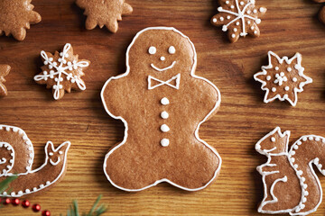 Homemade gingerbread Christmas cookies in the form of man and forest animals decorated with white icing