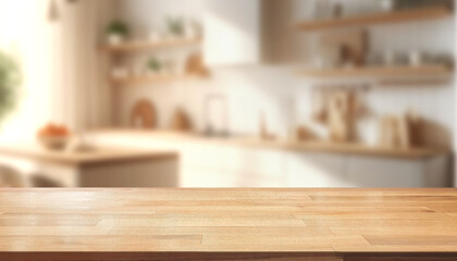 Empty wooden table front kitchen blurred background, orange tone morning or evening, warm mood. Modern minimal wood counter, decorated textured patterns, display food ,home decoration products.