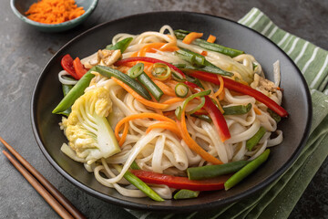 Asian vegetarian food udon noodles with Beijing cabbage, carrots, green beans, bell pepper, onions on a plate on a stone background