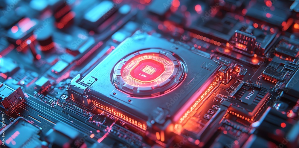 Poster a close-up of a glowing red cpu chip on a circuit board, with intricate details and vibrant colors.