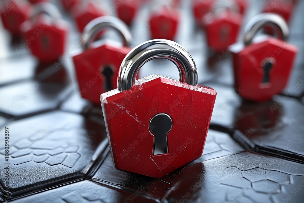 Aufkleber A close-up of a red padlock with a silver shackle, standing out from a row of similar padlocks on a black hexagonal surface.
