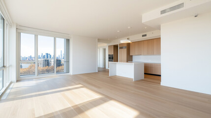Fototapeta premium Bright and Spacious Empty Apartment Showcasing Modern Design and Panoramic City Views, Ideal for Contemporary Living