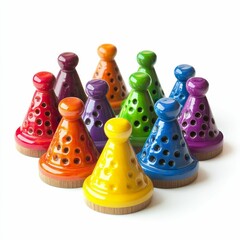 Colorful ceramic cones with wooden bases.