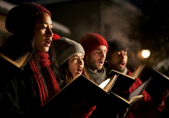 Group of people singing christmas carols outdoors in a cold winter night