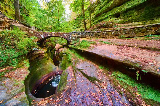 Stone Bridge Over Forest Stream Hocking Hills Eye-Level View