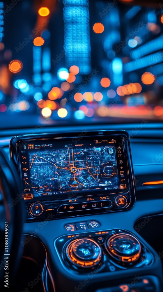 Aufkleber a close-up shot of a car's navigation system with the city lights blurred in the background.