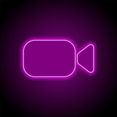Camera simple icon vector. Flat design. Purple neon on black background