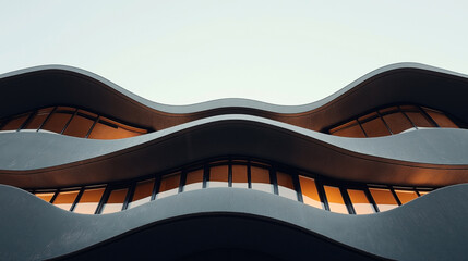 Curved modern architectural structure with multiple levels and large windows reflecting warm light, viewed from a low angle against an overcast sky.
