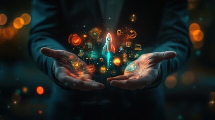 Hands holding a rocket and digital icons.
