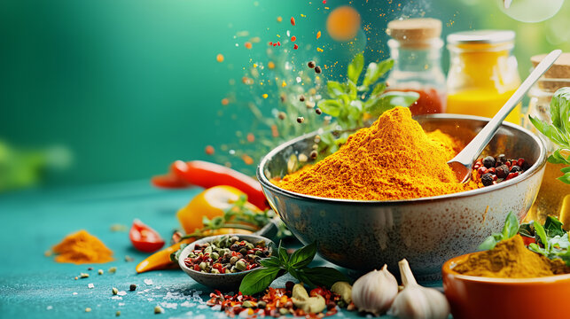 Colorful spices and herbs falling on a bowl full of turmeric powder with a green background