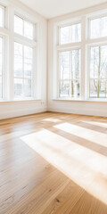 Fototapeta premium Bright and Airy Empty Apartment for Sale, Showcasing Modern Design and Clean Lines in a Sunlit Space With Large Windows