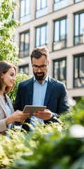 A Real Estate Agent Guides a Young Couple Through Property Market Trends Using a Tablet in an Urban Garden Setting