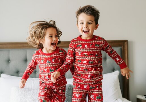 Two young siblings are enjoying christmas morning, jumping on a bed in matching pajamas