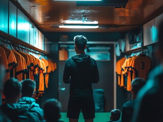 A coach gives a motivational speech to a team in the locker room.