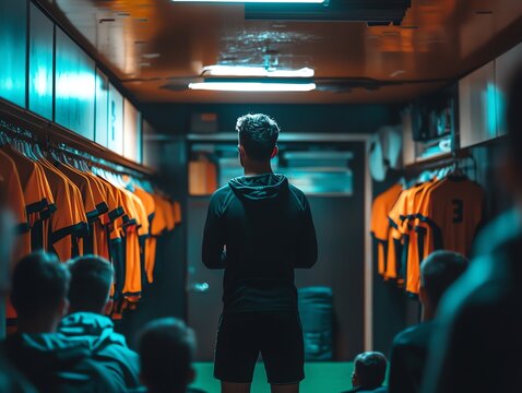 A coach gives a motivational speech to a team in the locker room. - Powered by Adobe