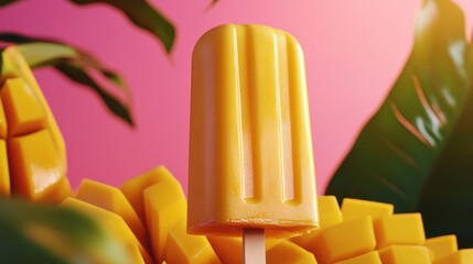 Bright yellow popsicle surrounded by mangoes.