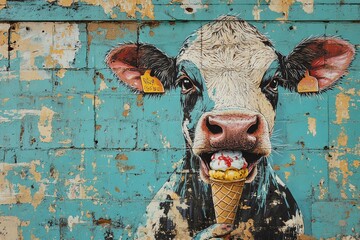 A colorful mural of a cow eating ice cream on a weathered brick wall.
