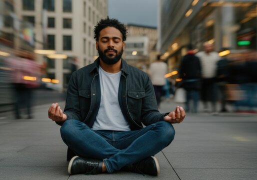 Serene young man practicing mindfulness meditation in a bustling urban environment, finding peace amidst the city's chaos