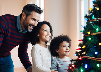 family decorating christmas trees