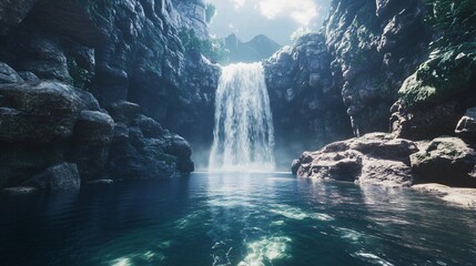 Fototapeta premium Tranquil Waterfall in a Lush Forest