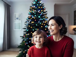 mother and kid decorating christmas tree
