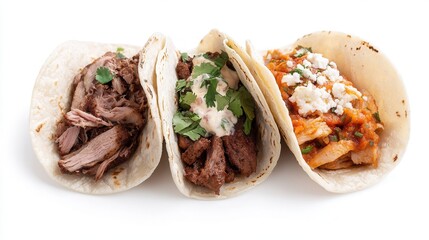 Delicious taco trio featuring spiced chicken, beef brisket, and pulled pork garnished with fresh cilantro on a clean white background