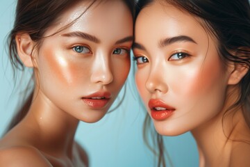 Fototapeta premium This detailed portrait showcases two women with radiant makeup and smooth skin, highlighting beauty and femininity in an artistic and aesthetic manner, emphasizing glamour and a trendy lifestyle