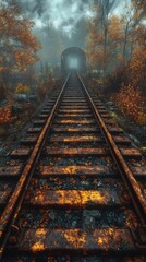 Obraz premium Rusty Railway Tracks Through a Misty Autumn Forest