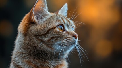 Obraz premium A close-up portrait of a tabby cat with golden eyes looking intently to the right, set against a blurry background of warm colors.