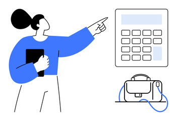 Woman pointing at calculator screen while holding notebook, laptop bag on desk. Ideal for business planning, financial analysis, office work, technology integration, project management, professional